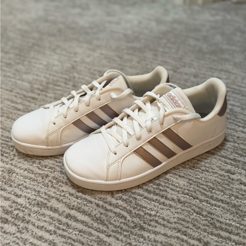 Adidas White and Rose Gold Casual Sneakers (Women)
